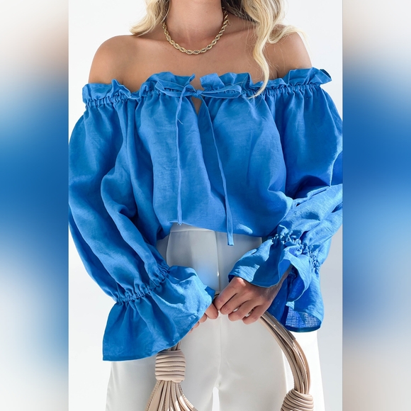 Drawstring Off-Shoulder Flounce Sleeve Blouse - Picture 2 of 5